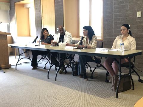 From left, Dr. Lamis Jarvinen, Dr. Akinyele Lovelace, Dr. Yedalis Ruiz and Brittany Rosario speak about their career journey to around 40 high school students at the Intersection of Art & Science STEAM Workshop at Westfield State University.