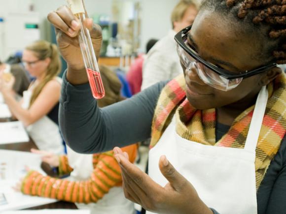 Female student looking at liquid in test tube