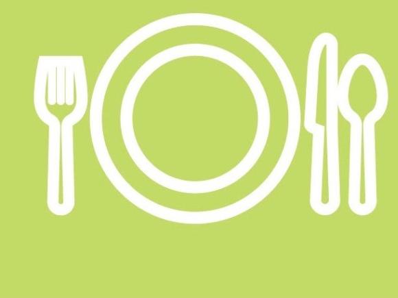 Icon image of a plate and utensils with light green background.