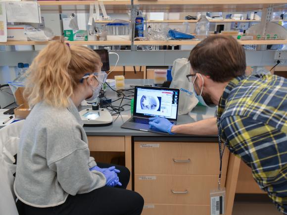 Student and faculty member working on a research project together in the Nettie Stevens Science Center.