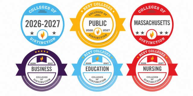 Recognized by Colleges of Distinction for 2026-2027, including Public Colleges, Massachusetts, Business, Education, and Nursing.