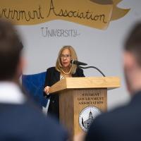 Westfield State University President, Dr. Linda Thompson, speaks with the members of the Student Government Association.